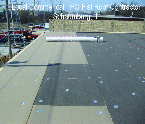 commercial tpo flat roof in progress for commercial building in Schaumburg 60173, 60193, 60194, 60195
